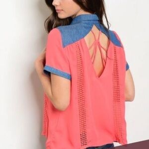 Coral and Denim V-Neck Blouse with Denim Collar and Accent Sleeves